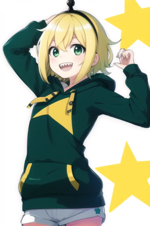 <lora:Vtubers:1>amano_pikamee, laughing, fun, sharp teeth, hoodie, blonde hair, green eyes, short hair