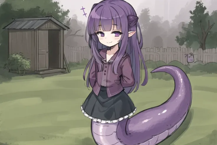 <lora:Vtubers:1> fallenshadow,, cute, smirk, smug, shed, fog, fence, gloomy, haunted forest, small hands, skirt, full body shot, back yard, ((lamia)), purple snake tail <lora:Lamia:1>