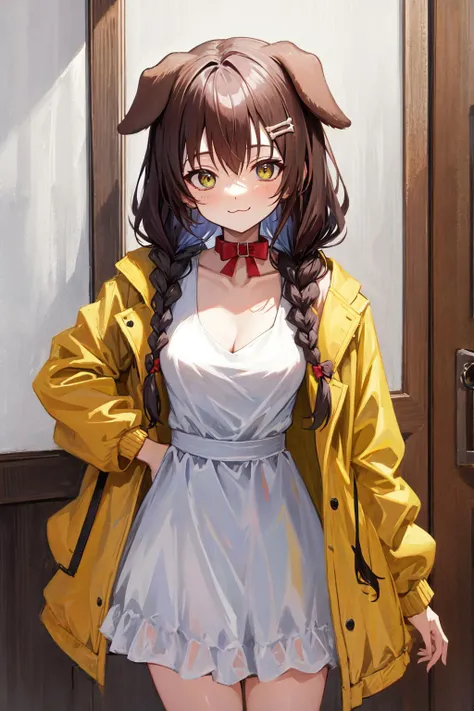 (korone), masterpiece, best quality, absurdres, cowboy shot, standing, indoors, :3, smile, dog ears, dog tail, twin braids, sidelocks, hair ornament, medium breasts, ((white dress)), yellow jacket, bow, collar, collarbone, dress, jacket, open clothes, open jacket, red bow, short dress, sleeveless dress <lora:all vtubers hll3.1:1>