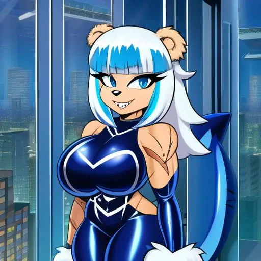 Cartoon:1.5, Gawr gura_(vtuber):1.5 wearing latex bodysuit, solo, scars, muscular, broad shoulders, tomboy, abs, mobian bear, furry, fluffy fur texture, huge breasts, fangs, smiling, looking at viewer, in skyscraper <lora:all vtubers hll3.1:1>