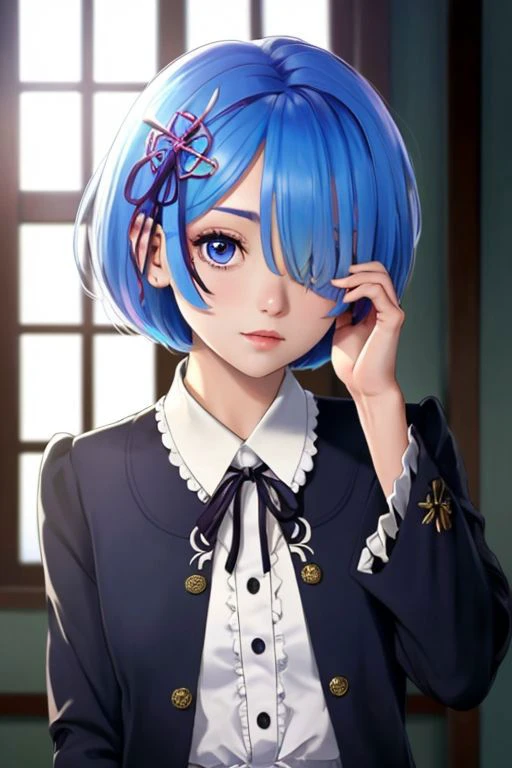 rem, re zero, hair over one eye, wearing modern clothes,, , masterpiece, (best quality:1.2), [:intricate details:0.2],