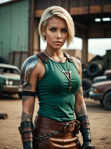 cinematic film still breathtaking 1girl, arm tattoo, asymmetrical hair, blonde hair, dark skin, eye-shadow, full-body tattoo, jewelry,, piercing, portrait, short hair, tattoo, undercut, (brown leather clothes, green tshirt, chest plate armor:1.4), high detail, wasteland warrior, holding barbwire bat, destroyed rusty car, realistic . award-winning, professional, highly detailed . shallow depth of field, vignette, highly detailed, high budget, bokeh, cinemascope, moody, epic, gorgeous, film grain, grainy <lora: f1t_k1tty:0.7> f1t_k1tty