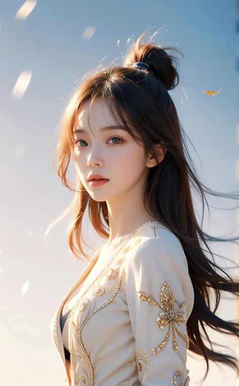 1girl,,lens_flare, fall seasonï¼wear a coatï¼Detailed face,(Detailed eyes), look at the sideï¼(upper bodyï¼1.3),blur background ,(small breasts),best quality, masterpiece, highres, original, extremely detailed wallpaper,perfect lighting,(extremely detailed CG:1.2), drawing, paintbrush,