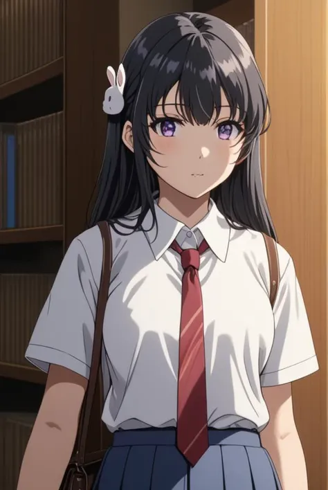 masterpiece, best quality, highres, 4k, 8k, intricate detail, cinematic lighting, amazing quality, amazing shading, soft lighting, Detailed Illustration, anime style,
maisakurajima, <lora:mai-sakurajima-s1-ponyxl-lora-nochekaiser:0.8>,
mai sakurajima, long hair, bangs, black hair, hair ornament, purple eyes, hairclip, rabbit hair ornament,
skirt, shirt, school uniform, white shirt, short sleeves, pantyhose, pleated skirt, collared shirt, blue skirt, black pantyhose, red necktie, jacket, brown jacket
indoors, library, walking,
looking at viewer, full body,