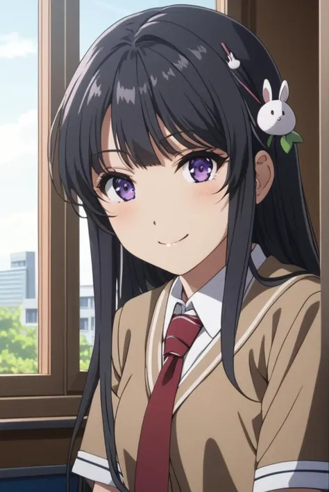 masterpiece, best quality, highres, 4k, 8k, intricate detail, cinematic lighting, amazing quality, amazing shading, soft lighting, Detailed Illustration, anime style, 
maisakurajima, <lora:mai-sakurajima-s1-ponyxl-lora-nochekaiser:1>, 
mai sakurajima, long hair, bangs, black hair, hair ornament, purple eyes, hairclip, rabbit hair ornament,
skirt, shirt, school uniform, white shirt, short sleeves, pantyhose, pleated skirt, collared shirt, blue skirt, black pantyhose, red necktie, jacket, brown jacket,
indoors, classroom, desk, table, chair, window,
looking at viewer, cowboy shot, dynamic pose, smile,