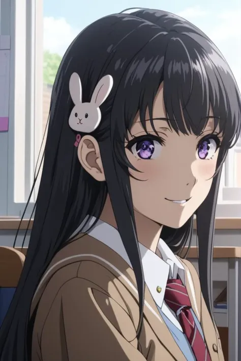 masterpiece, best quality, highres, 4k, 8k, intricate detail, cinematic lighting, amazing quality, amazing shading, soft lighting, Detailed Illustration, anime style,
maisakurajima, <lora:mai-sakurajima-s1-ponyxl-lora-nochekaiser:1>,
mai sakurajima, long hair, bangs, black hair, hair ornament, purple eyes, hairclip, rabbit hair ornament,
skirt, shirt, school uniform, white shirt, short sleeves, pantyhose, pleated skirt, collared shirt, blue skirt, black pantyhose, red necktie, jacket, brown jacket,
indoors, classroom, desk, table, chair, window,
looking at viewer, cowboy shot, dynamic pose, smile,