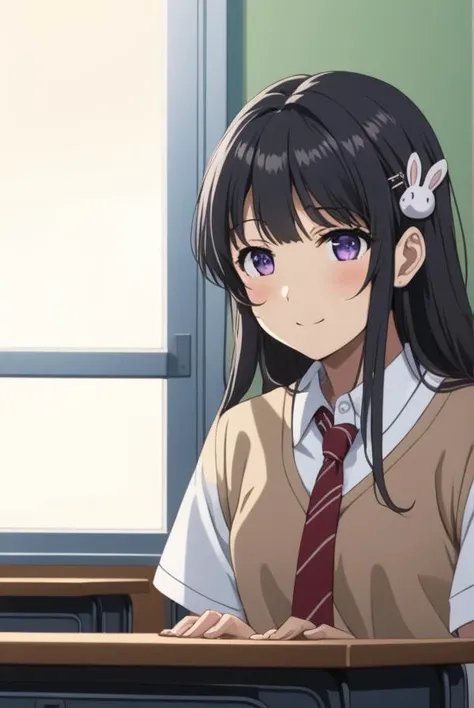 masterpiece, best quality, highres, 4k, 8k, intricate detail, cinematic lighting, amazing quality, amazing shading, soft lighting, Detailed Illustration, anime style,
maisakurajima, <lora:mai-sakurajima-s1-ponyxl-lora-nochekaiser:0.8>,
mai sakurajima, long hair, bangs, black hair, hair ornament, purple eyes, hairclip, rabbit hair ornament,
skirt, shirt, school uniform, white shirt, short sleeves, pantyhose, pleated skirt, collared shirt, blue skirt, black pantyhose, red necktie, jacket, brown jacket, thighs,
indoors, classroom, desk, table, chair, window,
looking at viewer, (full body:1.2), dynamic pose, smile,