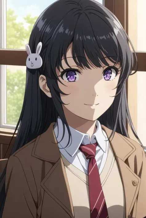 masterpiece, best quality, highres, 4k, 8k, intricate detail, cinematic lighting, amazing quality, amazing shading, soft lighting, Detailed Illustration, anime style,
maisakurajima, <lora:mai-sakurajima-s1-ponyxl-lora-nochekaiser:1>,
mai sakurajima, long hair, bangs, black hair, hair ornament, purple eyes, hairclip, rabbit hair ornament,
skirt, shirt, school uniform, white shirt, short sleeves, pantyhose, pleated skirt, collared shirt, blue skirt, black pantyhose, red necktie, jacket, brown jacket,
indoors, classroom, desk, table, chair, window,
looking at viewer, cowboy shot, dynamic pose, smile,