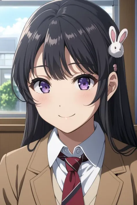 masterpiece, best quality, highres, 4k, 8k, intricate detail, cinematic lighting, amazing quality, amazing shading, soft lighting, Detailed Illustration, anime style, 
maisakurajima, <lora:mai-sakurajima-s1-ponyxl-lora-nochekaiser:0.8>, 
mai sakurajima, long hair, bangs, black hair, hair ornament, purple eyes, hairclip, rabbit hair ornament,
skirt, shirt, school uniform, white shirt, short sleeves, pantyhose, pleated skirt, collared shirt, blue skirt, black pantyhose, red necktie, jacket, brown jacket, thighs,
indoors, classroom, desk, table, chair, window,
looking at viewer, (full body:1.2), dynamic pose, smile,