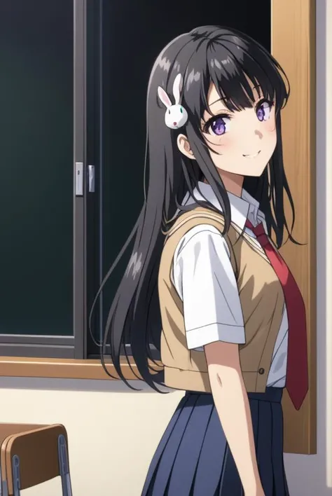 masterpiece, best quality, highres, 4k, 8k, intricate detail, cinematic lighting, amazing quality, amazing shading, soft lighting, Detailed Illustration, anime style, 
maisakurajima, <lora:mai-sakurajima-s1-ponyxl-lora-nochekaiser:0.8>, 
mai sakurajima, long hair, bangs, black hair, hair ornament, purple eyes, hairclip, rabbit hair ornament,
skirt, shirt, school uniform, white shirt, short sleeves, pantyhose, pleated skirt, collared shirt, blue skirt, black pantyhose, red necktie, jacket, brown jacket, thighs, socks, loafers,
indoors, classroom, desk, table, chair, window,
looking at viewer, full body, dynamic pose, smile,