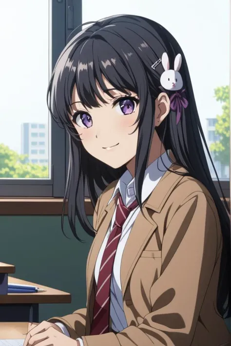 masterpiece, best quality, highres, 4k, 8k, intricate detail, cinematic lighting, amazing quality, amazing shading, soft lighting, Detailed Illustration, anime style,
maisakurajima, <lora:mai-sakurajima-s1-ponyxl-lora-nochekaiser:0.8>,
mai sakurajima, long hair, bangs, black hair, hair ornament, purple eyes, hairclip, rabbit hair ornament,
skirt, shirt, school uniform, white shirt, short sleeves, pantyhose, pleated skirt, collared shirt, blue skirt, black pantyhose, red necktie, jacket, brown jacket, thighs,
indoors, classroom, desk, table, chair, window,
looking at viewer, (full body:1.2), dynamic pose, smile,