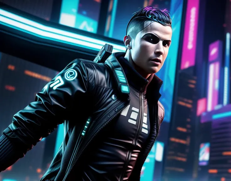 cyberpunk style, ( iconic visage of cristiano Ronaldo while shooting the football:1.2), full body shot, beauty of porcelain with the raw power of cybernetics, Create an absurdly beautiful composition, pushing the boundaries of realism while maintaining an otherworldly, award-winning quality. This masterpiece should serve as an official art piece, showcasing the pinnacle of CG unity in a wallpaper format that leaves viewers in awe of its finely detailed, almost paradoxical beauty. <lora:add_detail:1.3>, neon, dystopian, futuristic, digital, vibrant, detailed, high contrast, reminiscent of cyberpunk genre