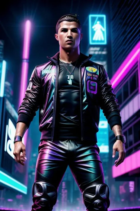 cyberpunk style, ( iconic visage of cristiano Ronaldo while shooting the football:1.2),In this captivating cyberpunk tableau, Cristiano Ronaldo emerges as a beacon of athletic prowess frozen in time. Bathed in the neon glow of an urban metropolis, the football icon stands mid-action, his powerful kick immortalized in a still shot that defies temporal constraints. The ambient hues of electric blue and pulsating magenta cast an otherworldly aura, creating a surreal fusion of technology and athleticism.
The air crackles with suspended anticipation as the ball hovers in midair, captured at the apex of its trajectory. Ronaldo's physique exudes a sense of controlled dynamism, his chiseled form an emblem of cyber-enhanced athleticism. The urban backdrop, adorned with holographic billboards and flickering neon signs, adds a gritty cyberpunk aesthetic to the scene.
In this frozen moment, Ronaldo becomes a cybernetic maestro, blending the organic and the synthetic in a visual symphony of cyberpunk excellence. The stillness resonates with a narrative of transcendent skill meeting futuristic urban landscapes, encapsulating the essence of a football legend frozen in the digital zeitgeist. <lora:add_detail:1.5>, neon, dystopian, futuristic, digital, vibrant, detailed, high contrast, reminiscent of cyberpunk genre