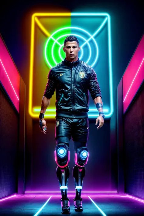 cyberpunk style, ( iconic visage of cristiano Ronaldo with a football under his right foot:1.2),cristiano Ronaldo posing to the camera showing off his skills while steping on a football with his right foot, (robotic arms and robotic legs:1.3). In this captivating cyberpunk tableau, Cristiano Ronaldo emerges as a beacon of athletic prowess frozen in time. Bathed in the neon glow of an urban metropolis, the football icon stands mid-action, his powerful kick immortalized in a still shot that defies temporal constraints. The ambient hues of electric blue and pulsating magenta cast an otherworldly aura, creating a surreal fusion of technology and athleticism.
The air crackles with suspended anticipation as the ball hovers in midair, captured at the apex of its trajectory. Ronaldo's physique exudes a sense of controlled dynamism, his chiseled form an emblem of cyber-enhanced athleticism. The urban backdrop, adorned with holographic billboards and flickering neon signs, adds a gritty cyberpunk aesthetic to the scene.
In this frozen moment, Ronaldo becomes a cybernetic maestro, blending the organic and the synthetic in a visual symphony of cyberpunk excellence. The stillness resonates with a narrative of transcendent skill meeting futuristic urban landscapes, encapsulating the essence of a football legend frozen in the digital zeitgeist. <lora:add_detail:1.5>, neon, dystopian, futuristic, digital, vibrant, detailed, high contrast, reminiscent of cyberpunk genre