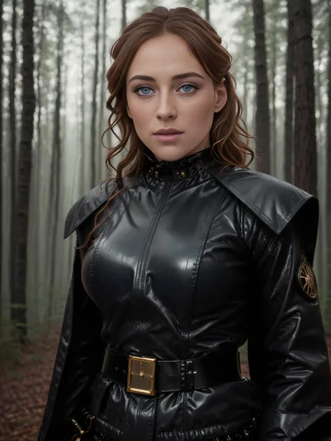 (8k, best quality, masterpiece),(best quality), (ultra highres),action pose, a beautiful woman <lora:Teagan:0.8>, beautiful eyes, detailed iris, short brown hair, full body portrait, small breasts, wearing black jedi robes with gold leather belt, star wars, forest endor background, modelshoot style, intricate, elegant, skin details, realism, (hyperrealism), (cinematic), (hyperdetailed), hdr