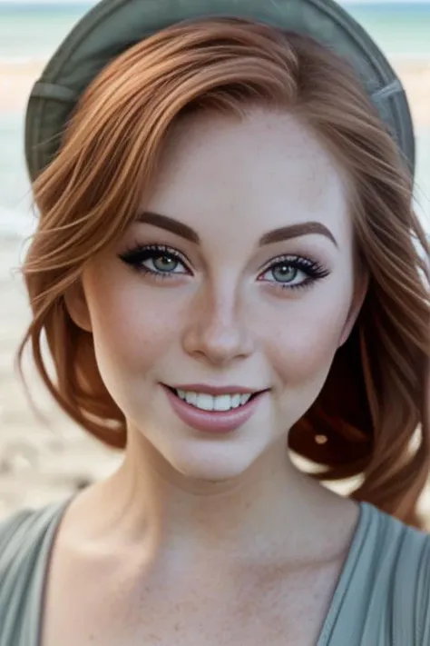 (sharp focus:1.2), photo, attractive daniboker, (beautiful face:1.1), detailed eyes, luscious lips, (cat eye makeup:0.85), (big smile:1.2), wearing (romper:1.2) on a (beach:1.2). (moody lighting:1.2), depth of field, bokeh, 4K, HDR. by (James C. Christensen:1.2|Jeremy Lipking:1.1).