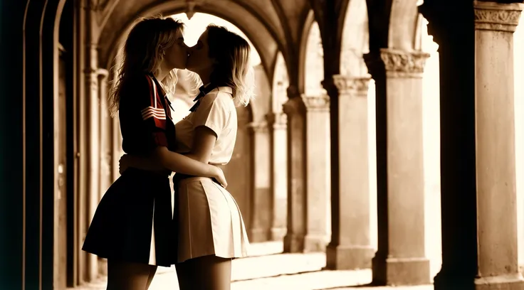 analog style, a detailed RAW photo of girls with messy hair. wearing school uniform . black-white-red-silver-yellow colors, full dynamic color, close up character, intricate, kiss, hug, kissing breasts, short blonde hair, in a shadowed archway, futuristic city alley, (night time) . lovers, 2girls, miniskirt, (open eyes),