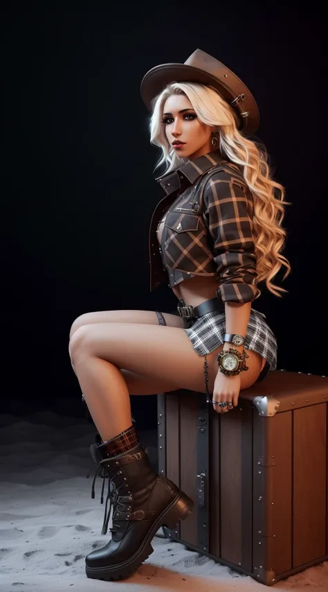 tiktok girl, (from_side:1.3) (spread legs:1.2) blonde_hair, , locks , Steampunk , black (lumberjack) , on the moon , jewelry, (full_body:1.4), (realistic:1.4), masterpiece, high quality, realistic lighting, center of frame, 8k, hdr, amateur, ebony, dark skin , photography, amateur