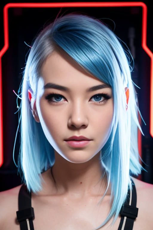 snthwve style, (bldrnrst:1.1), sfw, RAW photo, a cyborg woman with cyan colored hair, perfect face, complex background, wires and circuity, burnt fuse, (portrait by Lance Wilkinson:1.2), cybernetic, (neon light:0.3), cyberpunk art, computer art, akira cgi movie stills, 35mm film scan, 8mm film grain, 8k