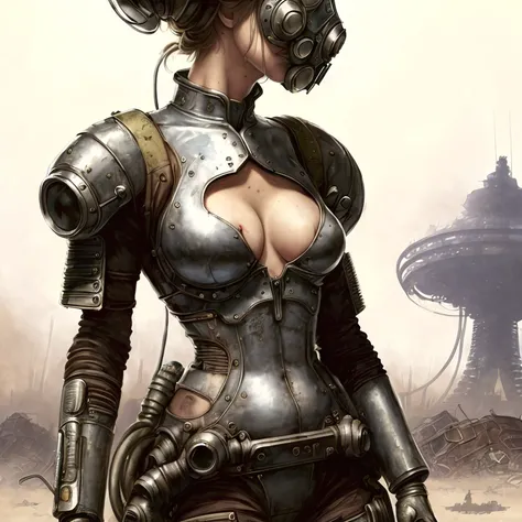 ((postapocalypse:1.27:1.32)), Jennifer Lawrence, nurse's outfit showing cleavage, dystopian, intricate, futuristic, artstation, concept art, smooth, sharp focus, illustration, art by artgerm and greg rutkowski and alphonse mucha