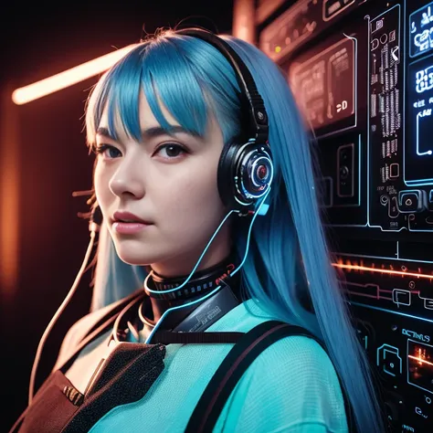 snthwve style, (bldrnrst:1.1), sfw, RAW photo, a cyborg woman with cyan colored hair, complex background, surrounded by wires and circuity, burnt fuse, (portrait by Andrey Gevechanov), (hyperdetailed skin), cybernetic, (neon light:0.3), cyberpunk art, computer art, akira cgi movie stills, 35mm film scan, 8mm film grain, 8k, stunning