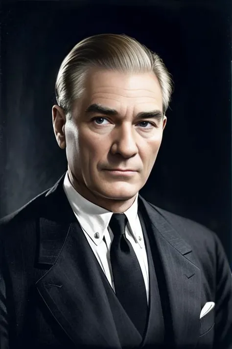 a man 44y.o, ((fullbody:1.5)), award winning photo, (((blond hair))), his hair is a little loose from the top, hair combed back, wide face, (skindentation:1.3), looking around, fashionable clothes, ((masterpiece)), detailed face, detailed ((blue eyes)), color photograph, (sharp focus:1.2), dynamic pose, extremely detailed, intricate, dramatic lighting, moody and melancholic atmosphere, sony a7 IV film stock photograph 4 kodak portra 400 camera f1.6 lens rich colors hyper realistic lifelike texture, best quality dramatic lighting cinestill 800, deep shadow, photo, Highly detailed, wide angle lens, depth of field, bokeh, 4K, HDR, absurdres, hyperrealistic, photorealistic, 1950s, ataturk