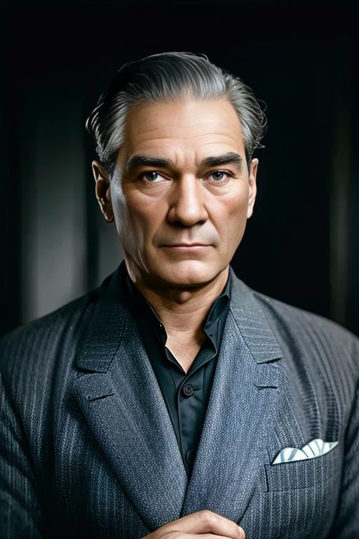 a man 44y.o, ((fullbody:1.5)), award winning photo, blond hair, his hair is a little loose from the top, hair combed back, wide face, (skindentation:1.3), looking around, fashionable clothes, ((masterpiece)), detailed face, detailed blue eyes, color photograph, (sharp focus:1.2), dynamic pose, extremely detailed, intricate, dramatic lighting, moody and melancholic atmosphere, sony a7 IV film stock photograph 4 kodak portra 400 camera f1.6 lens rich colors hyper realistic lifelike texture, best quality dramatic lighting cinestill 800, deep shadow, photo, Highly detailed, wide angle lens, depth of field, bokeh, 4K, HDR, absurdres, hyperrealistic, photorealistic, 1950s, ataturk