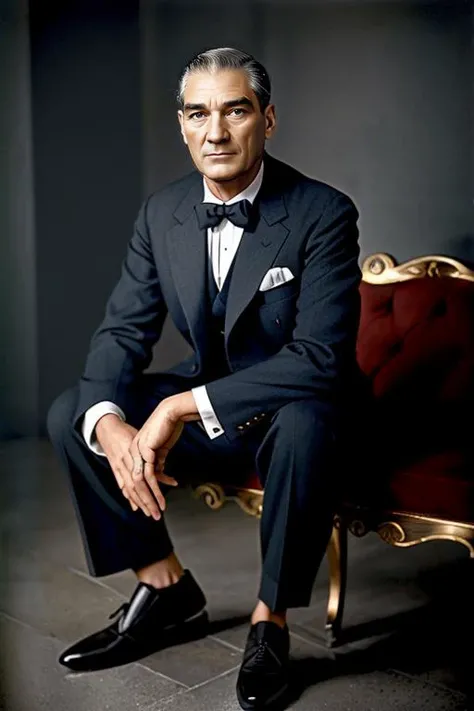 a man 44y.o, 1.70 height, ((fullbody:1.5)), award winning photo, (blond hair), (alopecia:1.4), hair combed back, wide face, (skindentation:1.3), looking around, fashionable clothes, ((masterpiece)), detailed face, detailed ((blue eyes)), color photograph, (sharp focus:1.2), dynamic pose, extremely detailed, intricate, dramatic lighting, moody and melancholic atmosphere, sony a7 IV film stock photograph 4 kodak portra 400 camera f1.6 lens rich colors hyper realistic lifelike texture, best quality dramatic lighting cinestill 800, deep shadow, photo, Highly detailed, wide angle lens, depth of field, bokeh, 4K, HDR, absurdres, hyperrealistic, photorealistic, 1950s, ataturk