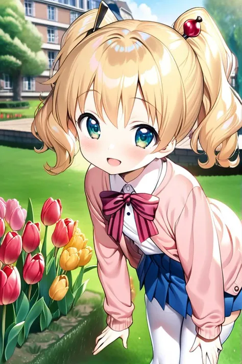 1girl,petite,alice cartelet, hair ornament,blonde twintail,close up,facing at viewer,shiny eyes,smile,open mouth,white collared shirt, cardigan, open cardigan, striped bow, blue pleated skirt,stylish pose, white thighhighs,school garden,outdoor,tulip,tree,building,grass<lora:alice_cartelet-animagine-v1:0.7>,masterpiece,best quality <lora:XDetail_light:1>