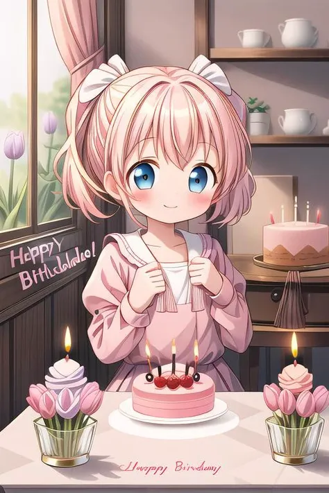 masterpiece,ultra detailed,1girl,smile,happy,alice_cartelet,blowing out candle,(chibi),tulip,happy birthday,text,cake,candle,spring,on table indoor<lora:alice_cartelet-v1:0.7> <lora:hyperdetailer_v080:0.7>