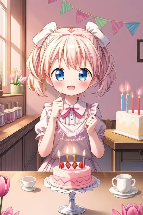 masterpiece,ultra detailed,1girl,smile,happy,alice_cartelet,blowing out candle,(chibi),tulip,happy birthday,text,cake,candle,spring,on table indoor<lora:alice_cartelet-v1:0.7> <lora:hyperdetailer_v080:0.7>