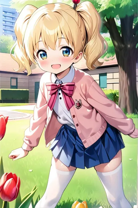 1girl,ite,alice cartelet, hair ornament,blonde twintail,close up,facing at viewer,shiny eyes,smile,open mouth,white collared shirt, cardigan, open cardigan, striped bow, blue pleated skirt,stylish pose, white thighhighs,school garden,outdoor,tulip,tree,building,grass<lora:alice_cartelet-animagine-v1:0.7>,masterpiece,best quality <lora:XDetail_light:1>