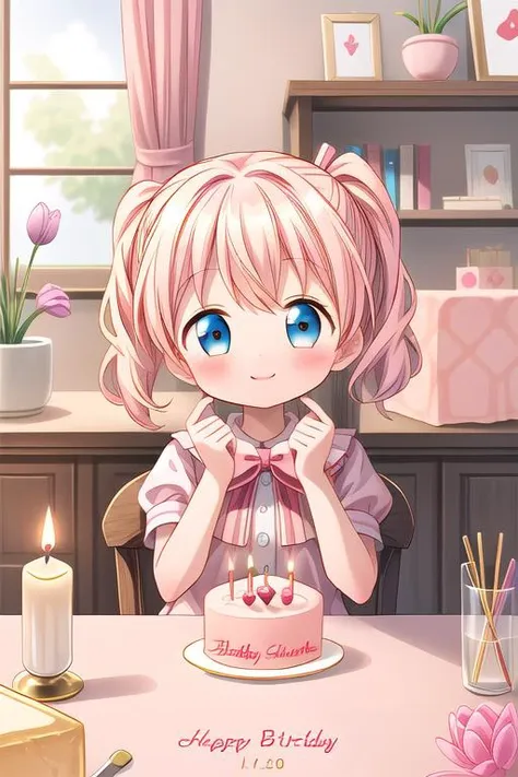 masterpiece,ultra detailed,1girl,smile,happy,alice_cartelet,blowing out candle,(chibi),tulip,happy birthday,text,cake,candle,spring,on table indoor<lora:alice_cartelet-v1:0.7> <lora:hyperdetailer_v080:0.7>