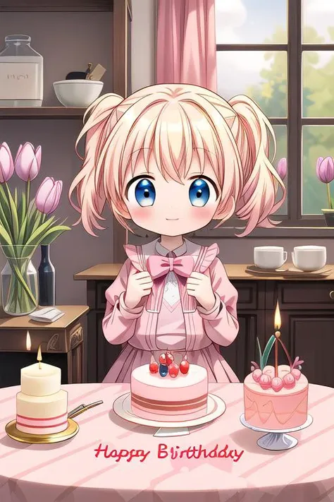 masterpiece,ultra detailed,1girl,smile,happy,alice_cartelet,(chibi),tulip,happy birthday,text,cake,candle,spring,on table indoor<lora:alice_cartelet-v1:0.7> <lora:hyperdetailer_v080:0.7>