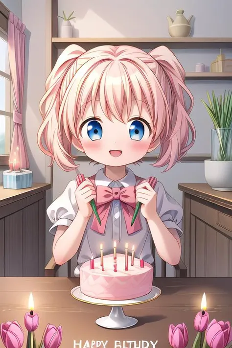 masterpiece,ultra detailed,1girl,smile,happy,alice_cartelet,blowing out candle,(chibi),tulip,happy birthday,text,cake,candle,spring,on table indoor<lora:alice_cartelet-v1:0.7> <lora:hyperdetailer_v080:0.7>