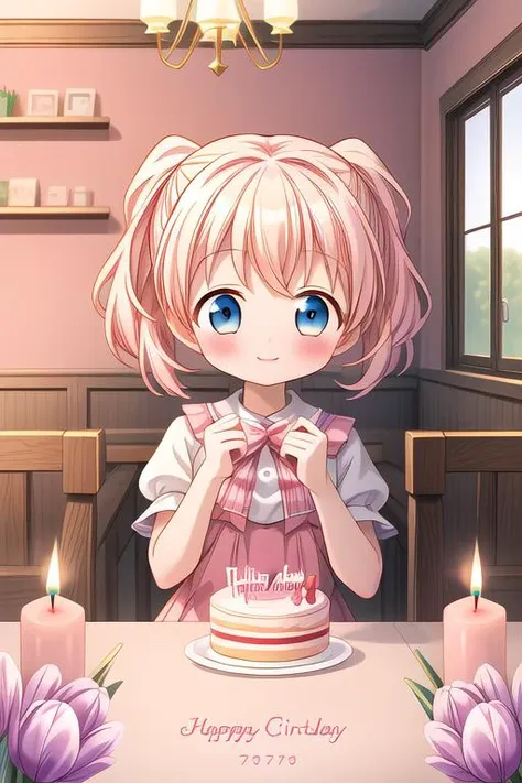 masterpiece,ultra detailed,1girl,smile,happy,alice_cartelet,blowing out candle,(chibi),tulip,happy birthday,text,cake,candle,spring,on table indoor<lora:alice_cartelet-v1:0.7> <lora:hyperdetailer_v080:0.7>