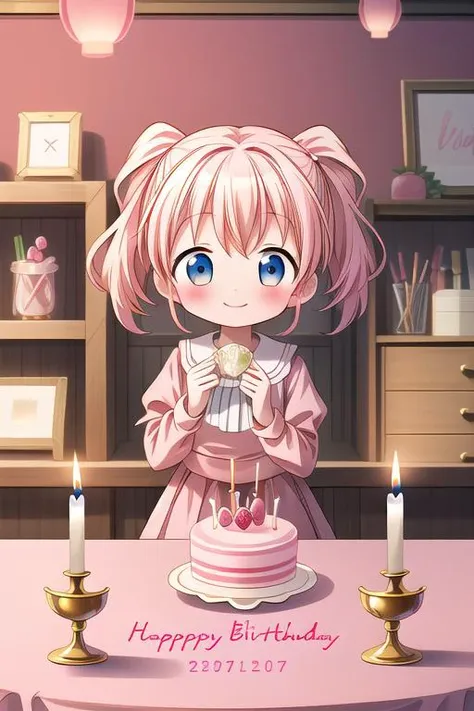 masterpiece,ultra detailed,1girl,smile,happy,alice_cartelet,blowing out candle,(chibi),tulip,happy birthday,text,cake,candle,spring,on table indoor<lora:alice_cartelet-v1:0.7> <lora:hyperdetailer_v080:0.7>