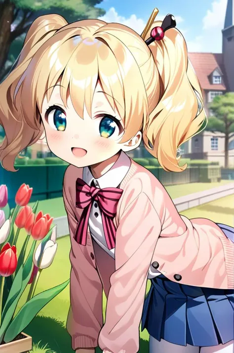 1girl,ite,alice cartelet, hair ornament,blonde twintail,close up,facing at viewer,shiny eyes,smile,open mouth,white collared shirt, cardigan, open cardigan, striped bow, blue pleated skirt,stylish pose, white thighhighs,school garden,outdoor,tulip,tree,building,grass<lora:alice_cartelet-animagine-v1:0.7>,masterpiece,best quality <lora:XDetail_light:1>