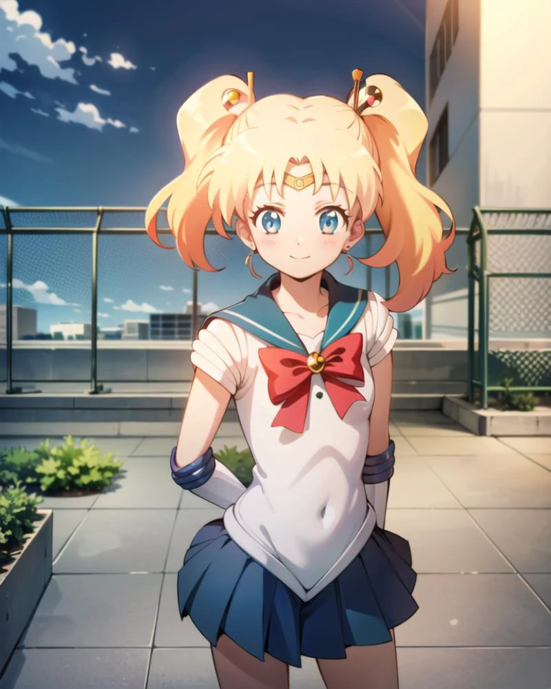 1girl, solo, standing, outdoors, smile, looking at viewer,
<lora:school_rooftop_v0.1:0.8>. (school rooftop, fence, chain-link fence),
<lora:alice_cartelet-v2:0.8>, (alice cartelet:1.4), (hair ornament, blonde hair, blue eyes, short twintails), striped bow,
(bishoujo senshi sailor moon, sailor moon),