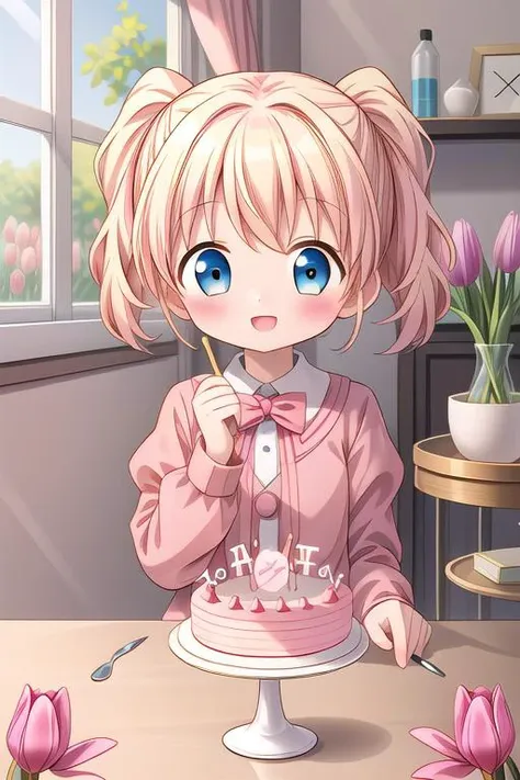 masterpiece,ultra detailed,1girl,smile,happy,alice_cartelet,(chibi),tulip,happy birthday,text,cake,candle,spring,on table indoor<lora:alice_cartelet-v1:0.7> <lora:hyperdetailer_v080:0.7>