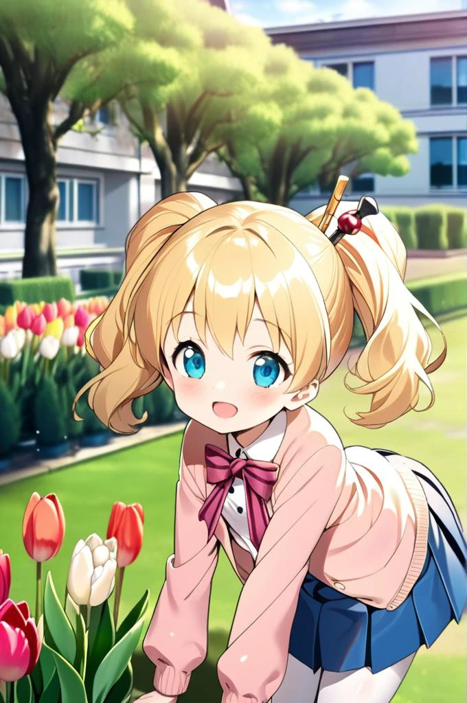 1girl,ite,alice cartelet, hair ornament,blonde twintail,close up,facing at viewer,shiny eyes,smile,open mouth,white collared shirt, cardigan, open cardigan, striped bow, blue pleated skirt,stylish pose, white thighhighs,school garden,outdoor,tulip,tree,building,grass<lora:alice_cartelet-animagine-v1:0.7>,masterpiece,best quality <lora:XDetail_light:1>