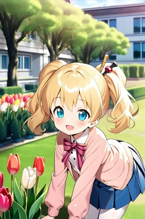 1girl,ite,alice cartelet, hair ornament,blonde twintail,close up,facing at viewer,shiny eyes,smile,open mouth,white collared shirt, cardigan, open cardigan, striped bow, blue pleated skirt,stylish pose, white thighhighs,school garden,outdoor,tulip,tree,building,grass<lora:alice_cartelet-animagine-v1:0.7>,masterpiece,best quality <lora:XDetail_light:1>