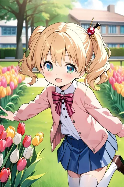 1girl,petite,alice cartelet, hair ornament,blonde twintail,close up,facing at viewer,jumping,shiny eyes,smile,open mouth,white collared shirt, cardigan, open cardigan, striped bow, blue pleated skirt,stylish pose, white thighhighs,school garden,outdoor,tulip,tree,building,grass<lora:alice_cartelet-animagine-v1:0.7>,masterpiece,best quality <lora:XDetail_light:1>