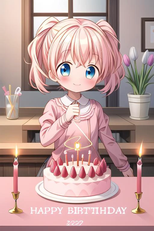 masterpiece,ultra detailed,1girl,smile,happy,alice_cartelet,blow out the candle,(chibi),tulip,happy birthday,text,cake,candle,spring,on table indoor<lora:alice_cartelet-v1:0.7> <lora:hyperdetailer_v080:0.7>