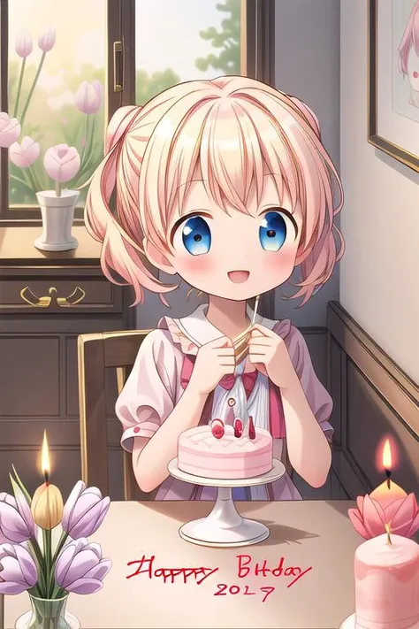 masterpiece,ultra detailed,1girl,smile,happy,alice_cartelet,blowing out candle,(chibi),tulip,happy birthday,text,cake,candle,spring,on table indoor<lora:alice_cartelet-v1:0.7> <lora:hyperdetailer_v080:0.7>