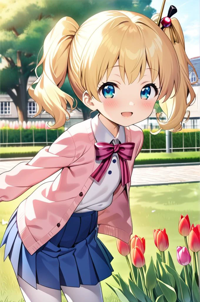 1girl,ite,alice cartelet, hair ornament,blonde twintail,close up,facing at viewer,shiny eyes,smile,open mouth,white collared shirt, cardigan, open cardigan, striped bow, blue pleated skirt,stylish pose, white thighhighs,school garden,outdoor,tulip,tree,building,grass<lora:alice_cartelet-animagine-v1:0.7>,masterpiece,best quality <lora:XDetail_light:1>