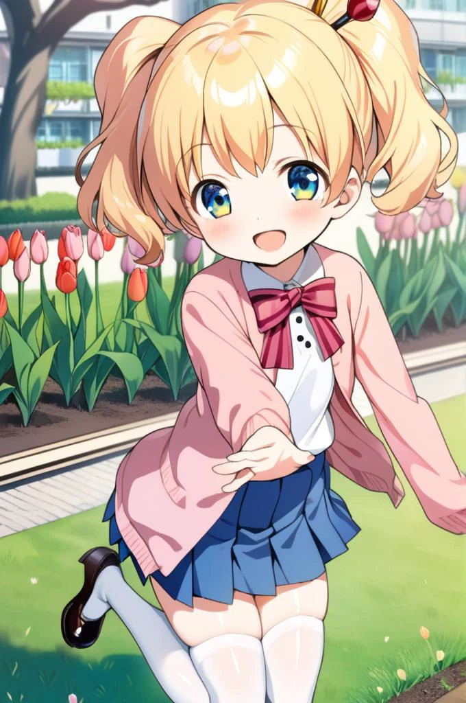 1girl,ite,alice cartelet, hair ornament,blonde twintail,close up,facing at viewer,jumping,shiny eyes,smile,open mouth,white collared shirt, cardigan, open cardigan, striped bow, blue pleated skirt,stylish pose, white thighhighs,school garden,outdoor,tulip,tree,building,grass<lora:alice_cartelet-animagine-v1:0.7>,masterpiece,best quality <lora:XDetail_light:1>