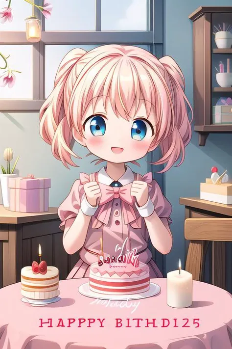 masterpiece,ultra detailed,1girl,smile,happy,alice_cartelet,(chibi),tulip,happy birthday,text,cake,candle,spring,on table indoor<lora:alice_cartelet-v1:0.7> <lora:hyperdetailer_v080:0.7>