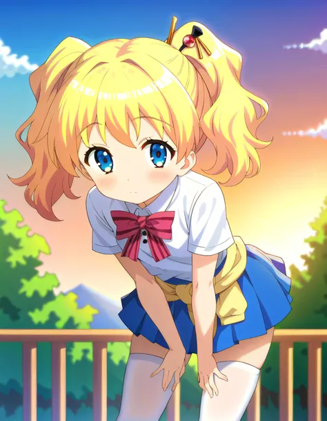 score_9, score_8_up, score_7_up, rating_sensitive, uncensored, source_hentai, source_anime, rating_explicit, (4 finger:0.5), (embedding:zPDXLxxx:1) BREAK volumetric lightning,detailed skin texture,detailed,volumetric shadow BREAK pinup of 1girl, (girl:1.2), 1girl, solo, alice cartelet, hair ornament, white collared shirt, short sleeves, striped bow, blue pleated skirt, white thighhighs, sweater around waist, outdoors, sunset, sky, looking at viewer, leaning forward,