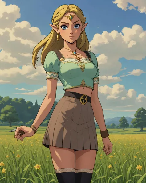 1girl, (Beautiful Princess Zelda with tanned skin and visible pores), standing in a field, exuding stoicism and subtle alluring,midriff, navel, adorned in a pencil skirt, blouse, makeup, high heels with ankle straps, and black fishnet stockings, (western comics \(style\)), ((cel shading)), 
mature female,small breasts, <lora:hyperdetailer_v095:0.4> <lora:zelda_1:0.7> <lora:mlf_V24:0.7>, masterpiece, aazelda,